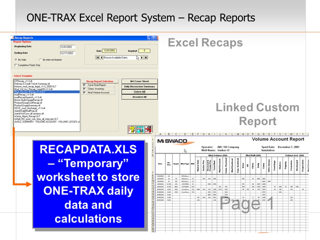 ONE-TRAX Excel Report System – Recap Reports Excel Recaps RECAPDATA.XLS – “Temporary” worksheet to